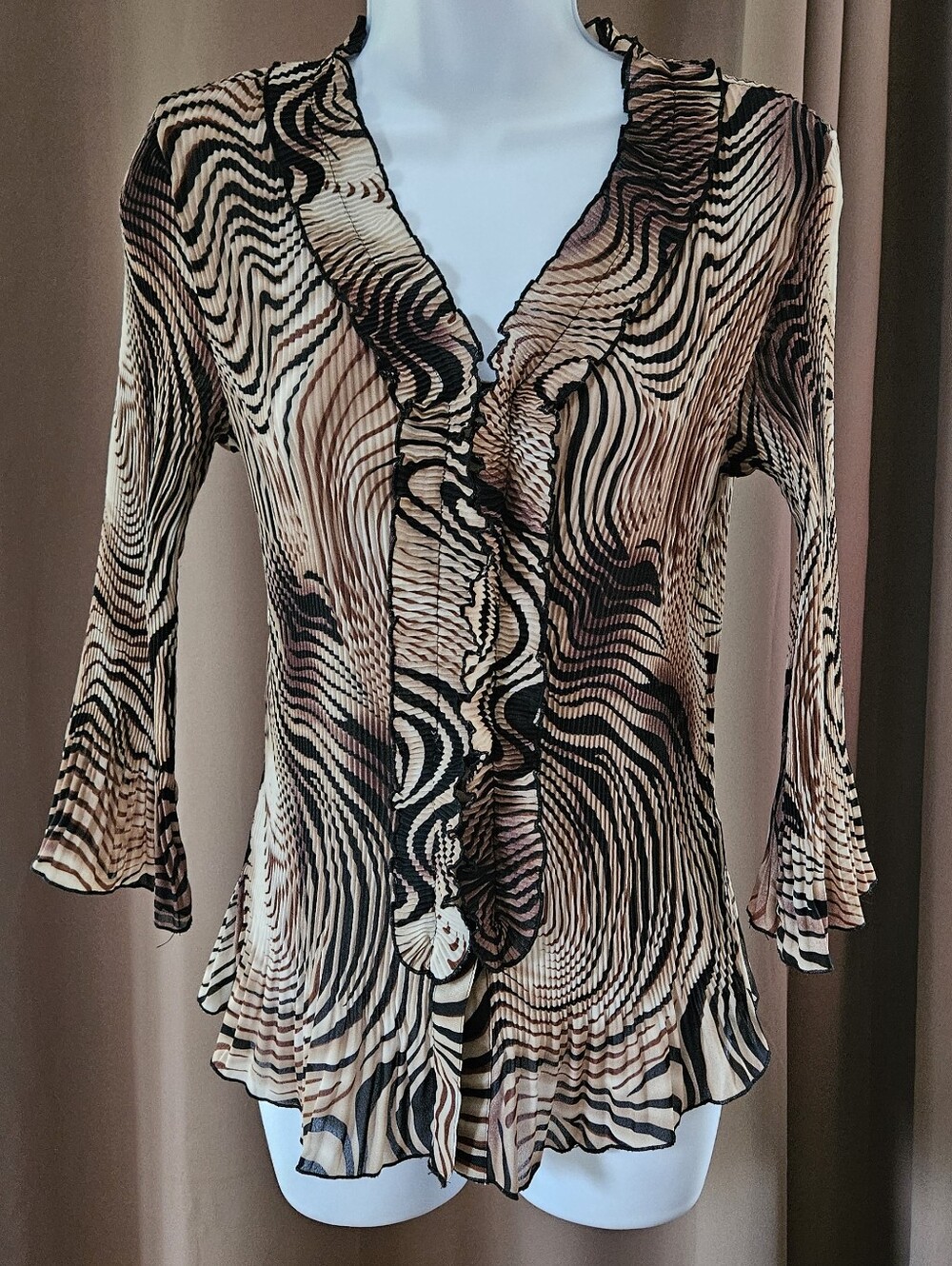 Y2K Nicola Tiger Swirl Plissé Crinkle Blouse Ruffle Bell Sleeve M EUC
